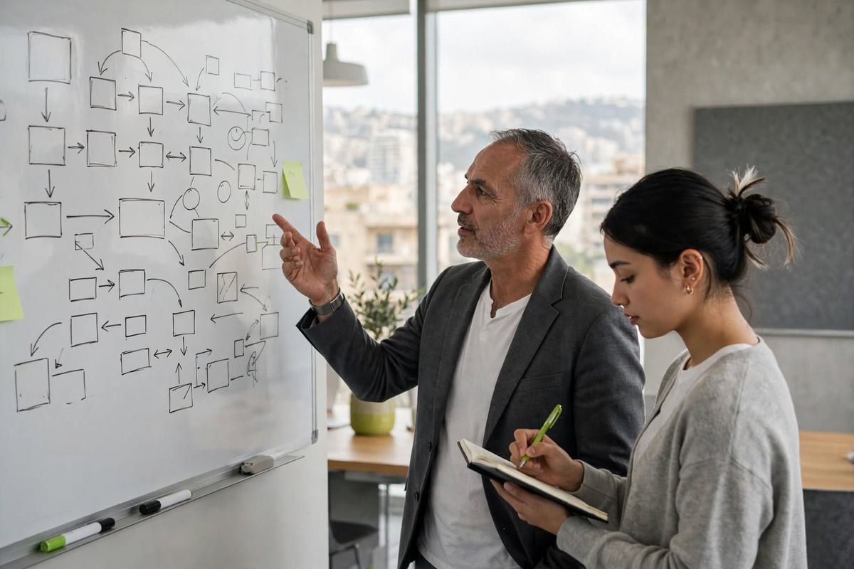A mentor walking a founder through a strategy board